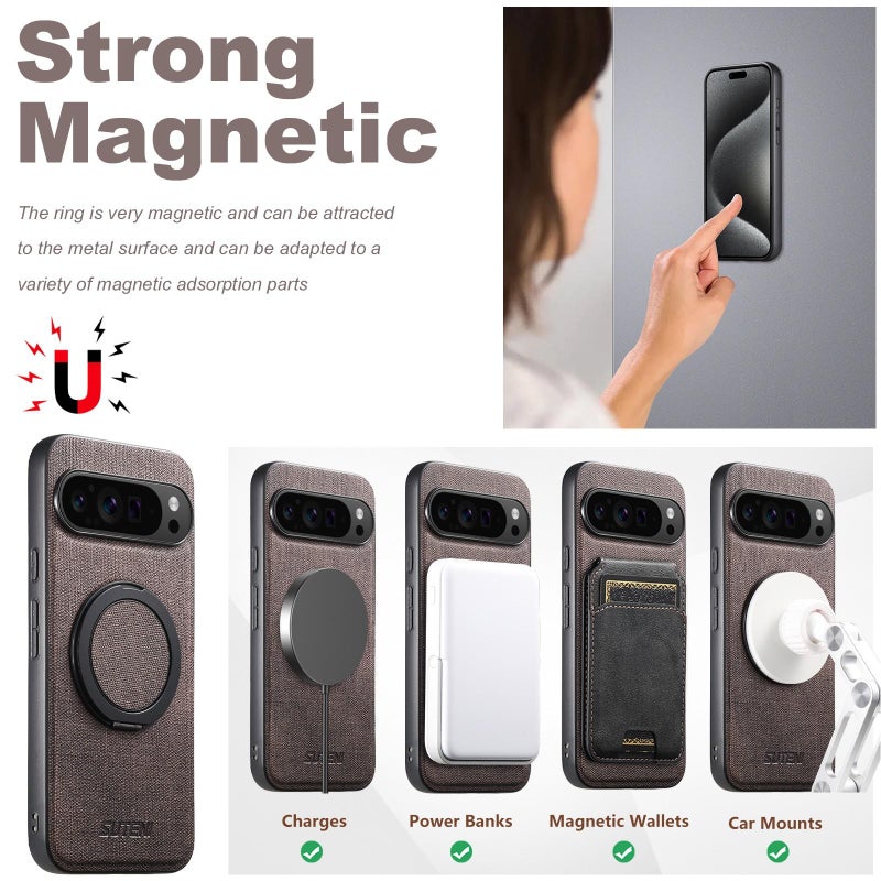Suteni For Google Pixel 10 Pro Xl G3 360 Rotation Holder Magsafe Denim Leather Back Phone Case(Brown) - Image 5