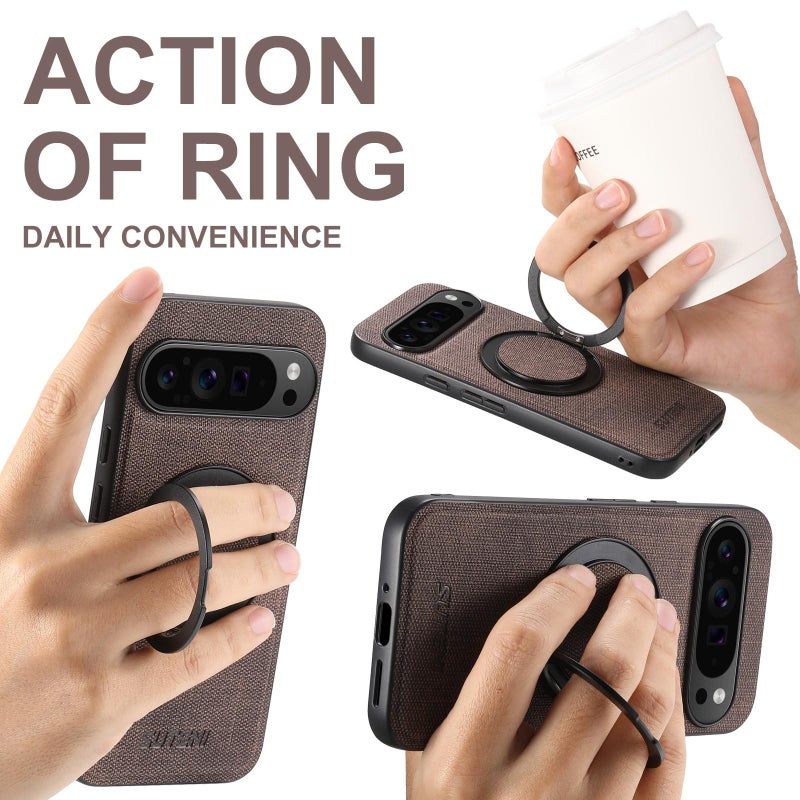 Suteni For Google Pixel 10 Pro Xl G3 360 Rotation Holder Magsafe Denim Leather Back Phone Case(Brown) - Image 3