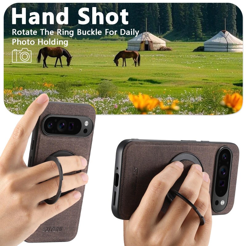 Suteni For Google Pixel 10 Pro Xl G3 360 Rotation Holder Magsafe Denim Leather Back Phone Case(Brown) - Image 4