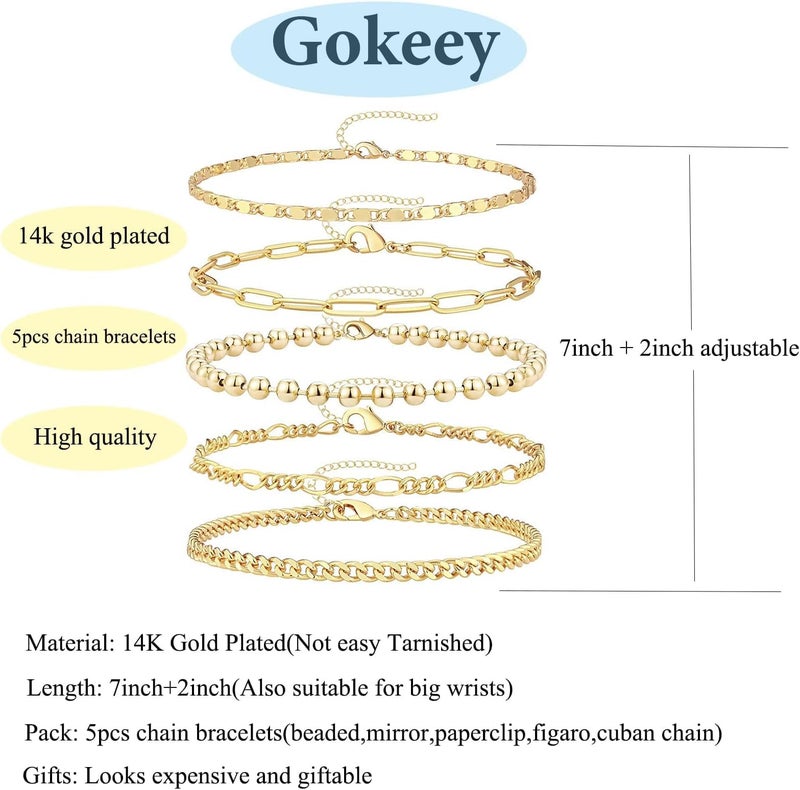 Gokeey مجموعة أساور جويكي ريوكفو الرقيقة المطلية بالذهب عيار 14 قيراط للنساء، أساور سلسلة قابلة للتكديس، أساور طبقية للنساء، مجوهرات ذهبية عصرية 5 قطع (النمط 02) - Image 5