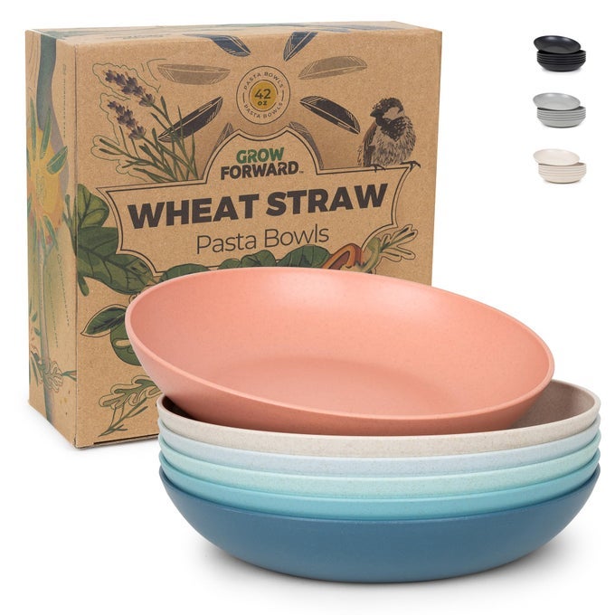 PREMIUM WHEAT STRAW PASTA BOWLS 42OZ UNBREAKABLE WIDE SHALLOW DINNER PLATE BOWLS SET OF 6 MICROWAVE SAFE REUSABLE PLASTIC PASTA BOWLS FOR KIDS ADULTS SALAD CAMPING RV TROPICAL