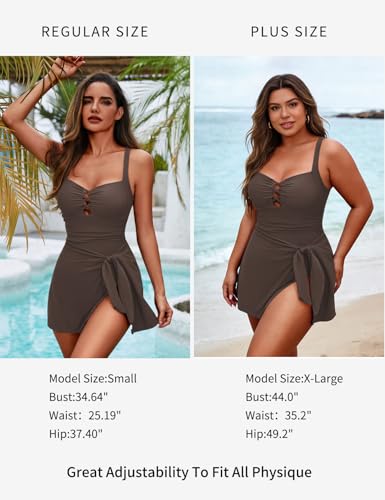 Zilcremo Swim Dress for Women Tummy Control One Piece Swimsuit Wrap Swimdress Square Neck Skirted Bathing Suit Swimwear Brown S - Image 5