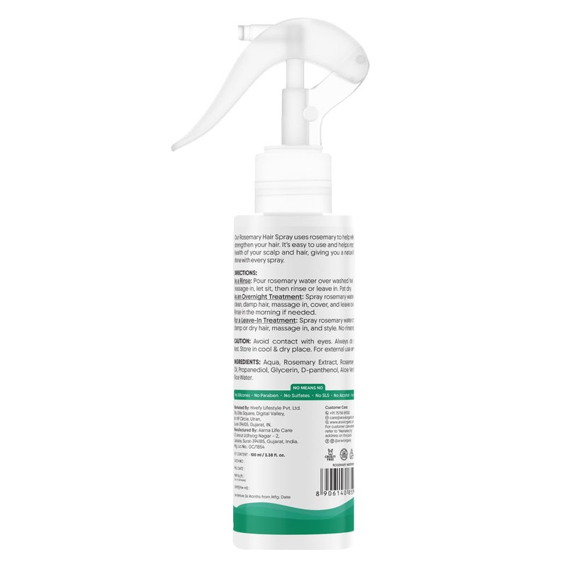 Aravi Organic Rosemary Water Hair Spray with Aloe Vera & Rice Water | Stimulates Hair Follicles, Boosts Hair Growth & Thickness, Reduces Hair Fall, Breakage & Dandruff | For Men & Women - 100ml - Image 2