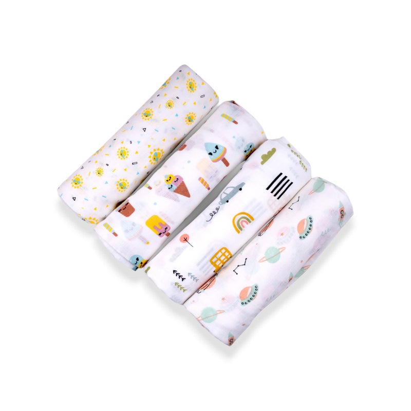 Lil' Shark Cotton Muslin Baby Swaddle Set | Printed on White | 0-18 Months (2, Combo 2, Full) - Image 5
