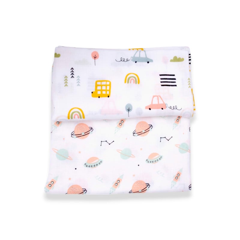 Lil' Shark Cotton Muslin Baby Swaddle Set | Printed on White | 0-18 Months (2, Combo 2, Full) - Image 1