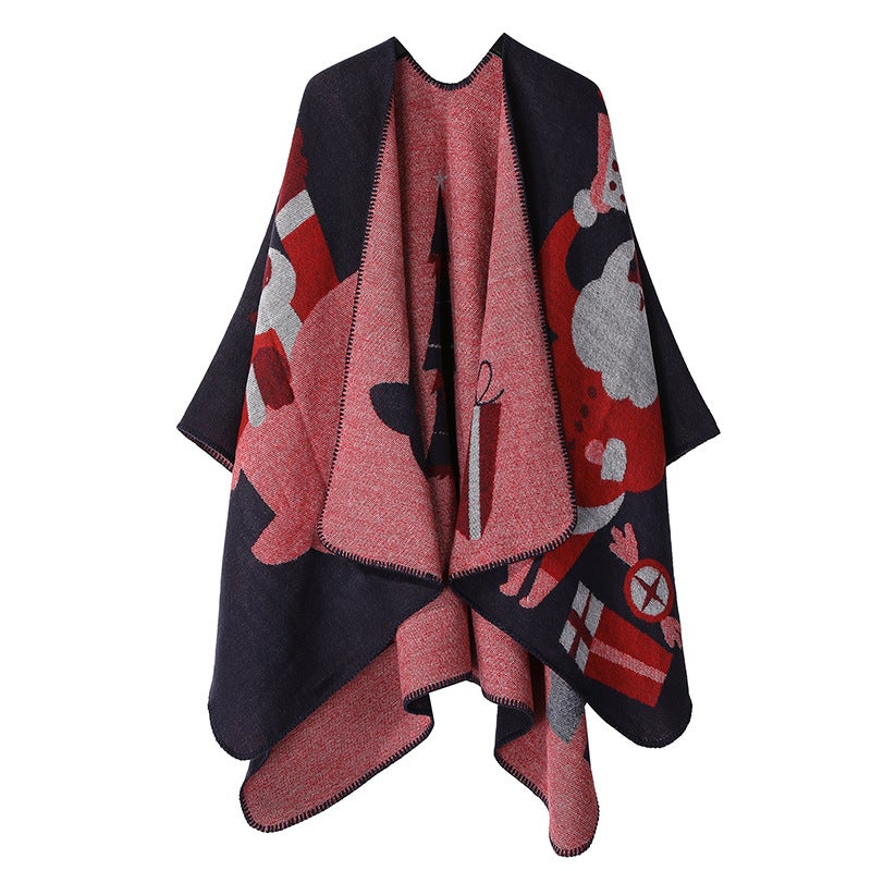 Warm Shawl Wrap Double-Faced Ethnic Style Santa Claus gift-navy blue red 