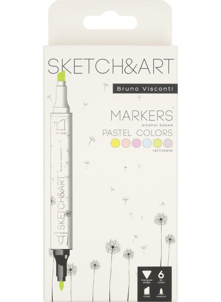Bruno Visconti 'Sketch Art' Double Sided Markers 6 Colors Pastel 22-0081/03  - Image 1