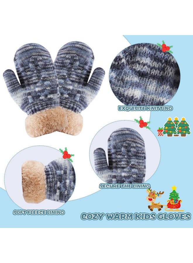 FENELY Winter Hat Gloves Scarf Set for Kids Earflap Beanie with Cute Pom Knit Neck Warmer Mittens Boys Girls Children Baby Toddler Blue Warm Wool Fleece Lining 2 3 4 5 6 Years Old - Image 3