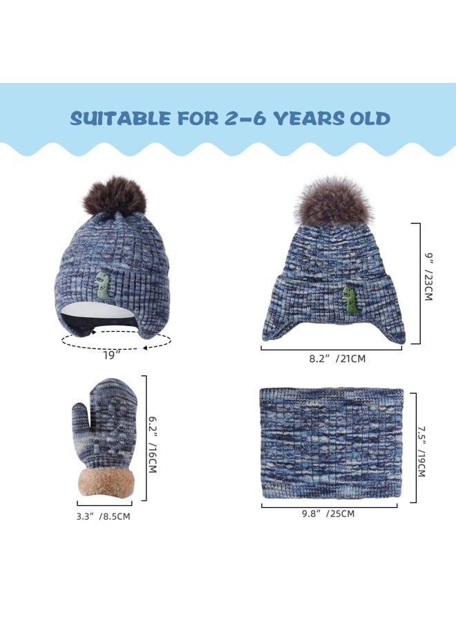 FENELY Winter Hat Gloves Scarf Set for Kids Earflap Beanie with Cute Pom Knit Neck Warmer Mittens Boys Girls Children Baby Toddler Blue Warm Wool Fleece Lining 2 3 4 5 6 Years Old - Image 5