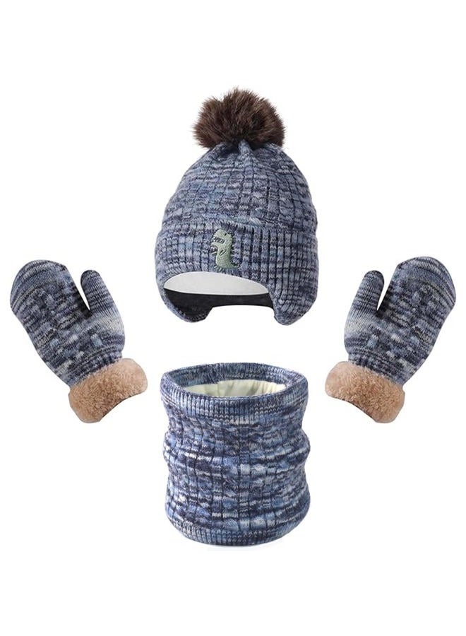 FENELY Winter Hat Gloves Scarf Set for Kids Earflap Beanie with Cute Pom Knit Neck Warmer Mittens Boys Girls Children Baby Toddler Blue Warm Wool Fleece Lining 2 3 4 5 6 Years Old - Image 1