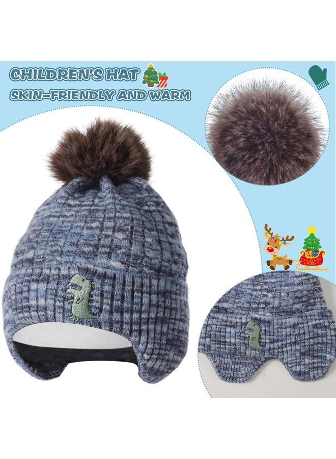 FENELY Winter Hat Gloves Scarf Set for Kids Earflap Beanie with Cute Pom Knit Neck Warmer Mittens Boys Girls Children Baby Toddler Blue Warm Wool Fleece Lining 2 3 4 5 6 Years Old - Image 2