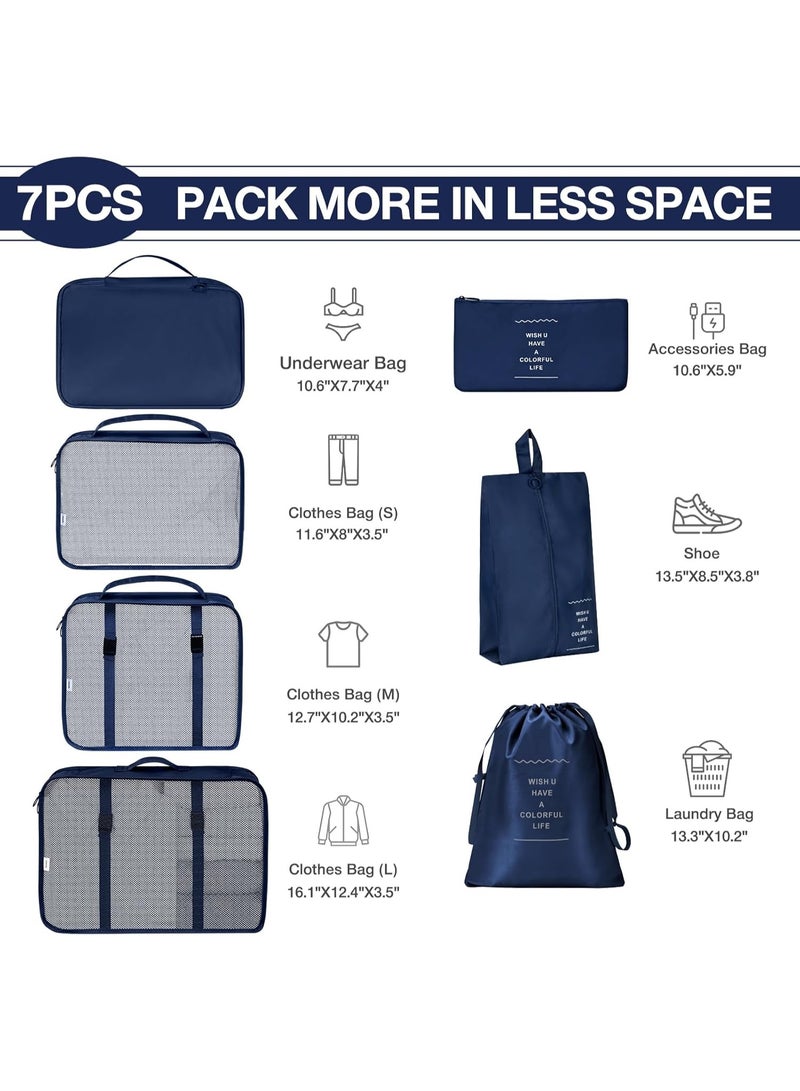 منظم شنط السفر 7 في 1 – مكعبات تنظيم الأمتعة – Packing Cubes مقاومة للماء – شنط تنظيم الملابس والأحذية ومستحضرات التجميل للسفر والرحلات (كحلي) - Image 3