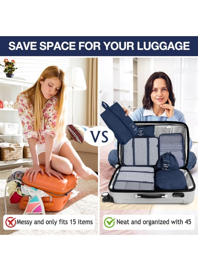منظم شنط السفر 7 في 1 – مكعبات تنظيم الأمتعة – Packing Cubes مقاومة للماء – شنط تنظيم الملابس والأحذية ومستحضرات التجميل للسفر والرحلات (كحلي) - Image 2