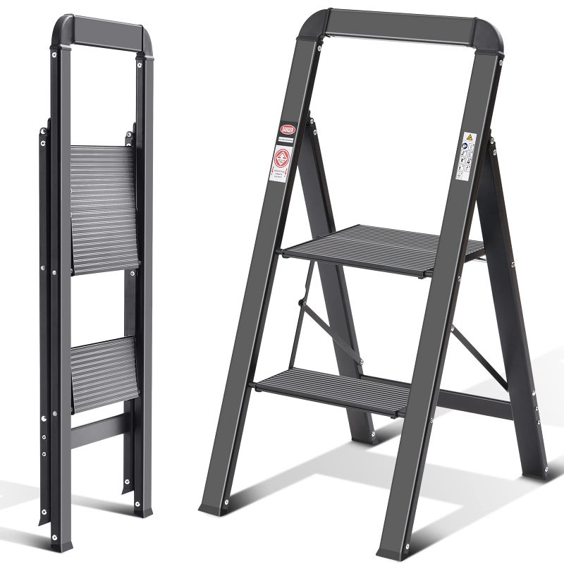 KINGRACK Step Ladder 2 Steps Folding Step Ladder with Handrail NonSlip Household Ladder with Folding Safety Aluminium Step Stool Maximum Load 150 kg Black