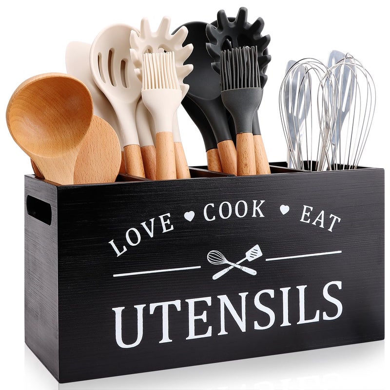 Renawe Black Farmhouse Utensil Holder for Kitchen Counter Extra Large Cooking Utensil Holder Caddy Utensils Storage Organizer for Countertop Rustic Wood Kitchen Tool Decor Utensil Crock Spatula Holder - Image 1