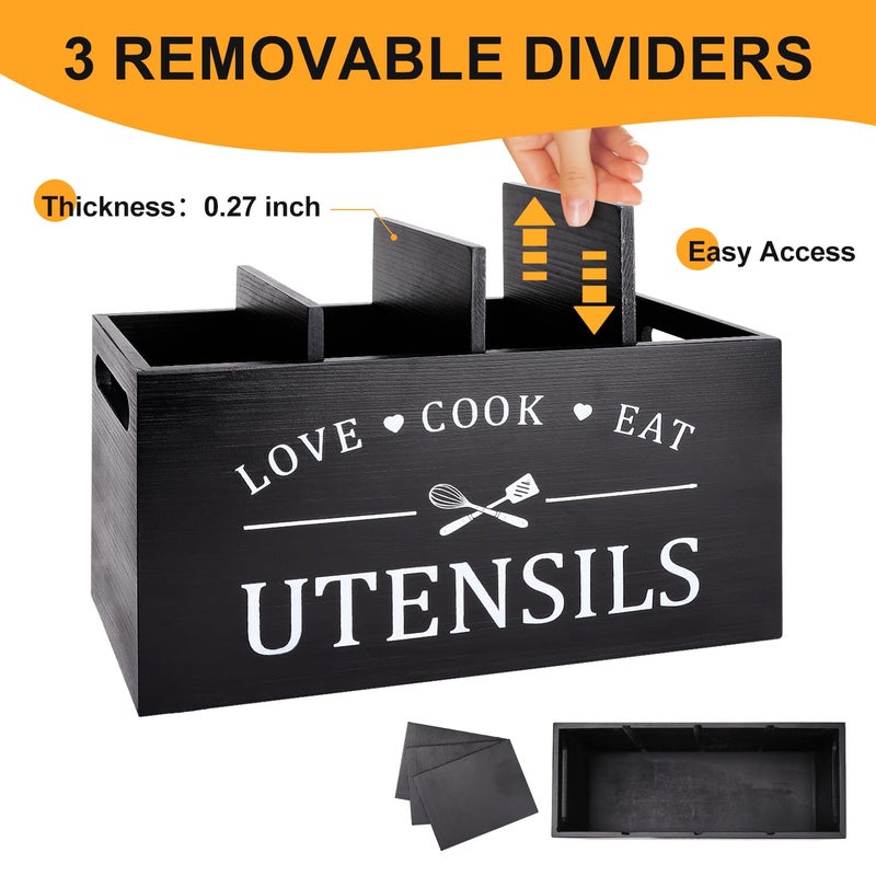 Renawe Black Farmhouse Utensil Holder for Kitchen Counter Extra Large Cooking Utensil Holder Caddy Utensils Storage Organizer for Countertop Rustic Wood Kitchen Tool Decor Utensil Crock Spatula Holder - Image 3