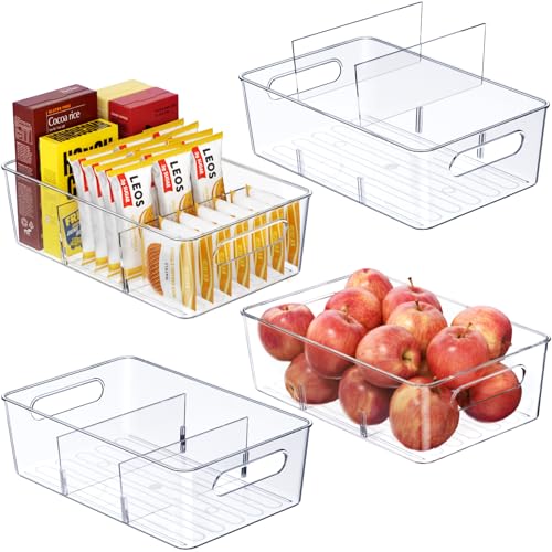 Mpotmiy 4 Pack Clear Pantry Organizers and Storage Bins with Divider, Transparent Plastic Basket, Refrigerator and Fridge Bins - Image 1