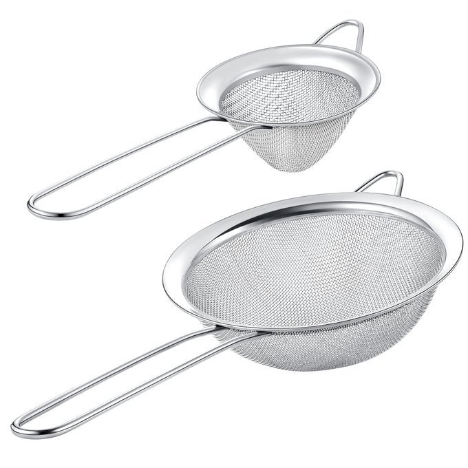 SET OF 2 STAINLESS STEEL MESH STRAINERS FOR KITCHEN 55 INCH ROUND FINE MESH STRAINER 34 INCH CONICAL STRAINER FINE MESH IDEAL TO SIEVE PASTA NOODLES QUINOA TEA COFFEE JUICES FLOUR