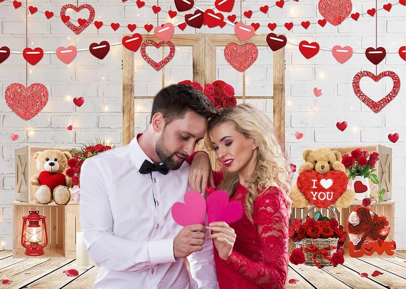 CYLYH 7x5ft Valentine's Day Backdrop Rustic Wood Door Backdrop Red Love Heart Backdrops Valentine's White Brick Wall Backdrop Mother's Day Backdrops Party Bridal Shower Kid Birthday Party Banner - Image 2