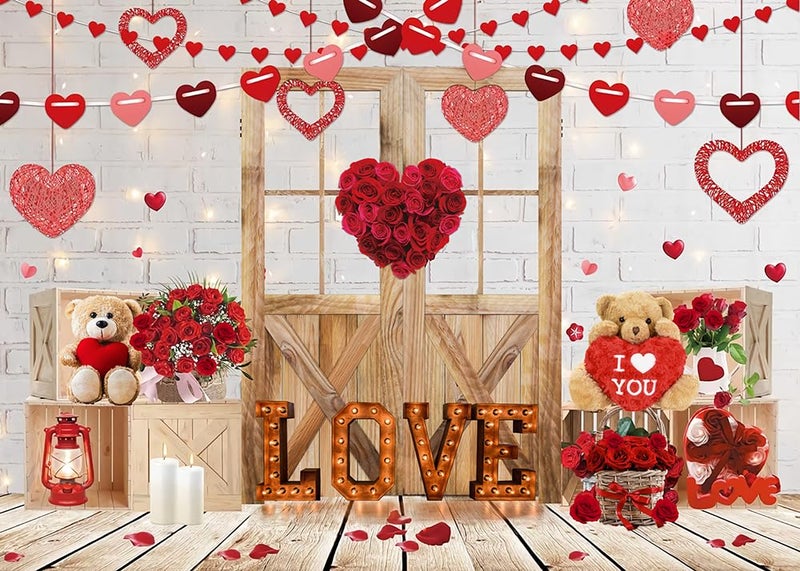 CYLYH 7x5ft Valentine's Day Backdrop Rustic Wood Door Backdrop Red Love Heart Backdrops Valentine's White Brick Wall Backdrop Mother's Day Backdrops Party Bridal Shower Kid Birthday Party Banner - Image 1