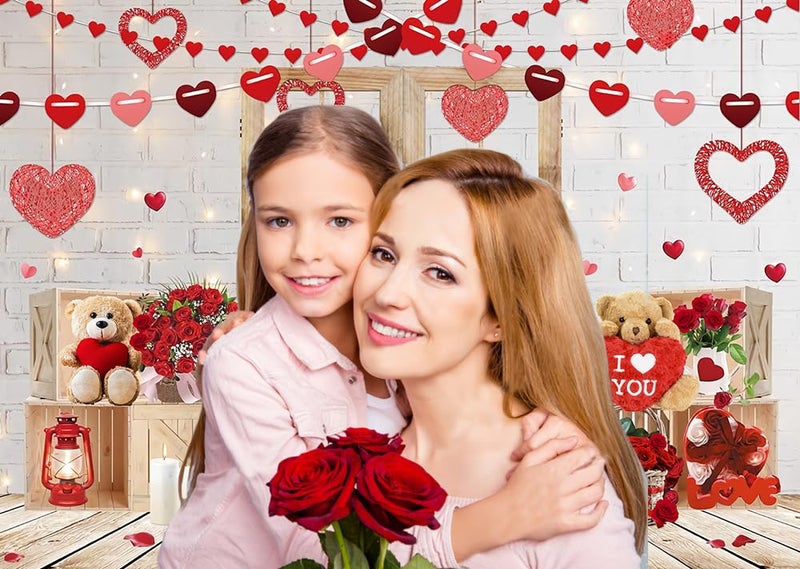 CYLYH 7x5ft Valentine's Day Backdrop Rustic Wood Door Backdrop Red Love Heart Backdrops Valentine's White Brick Wall Backdrop Mother's Day Backdrops Party Bridal Shower Kid Birthday Party Banner - Image 3