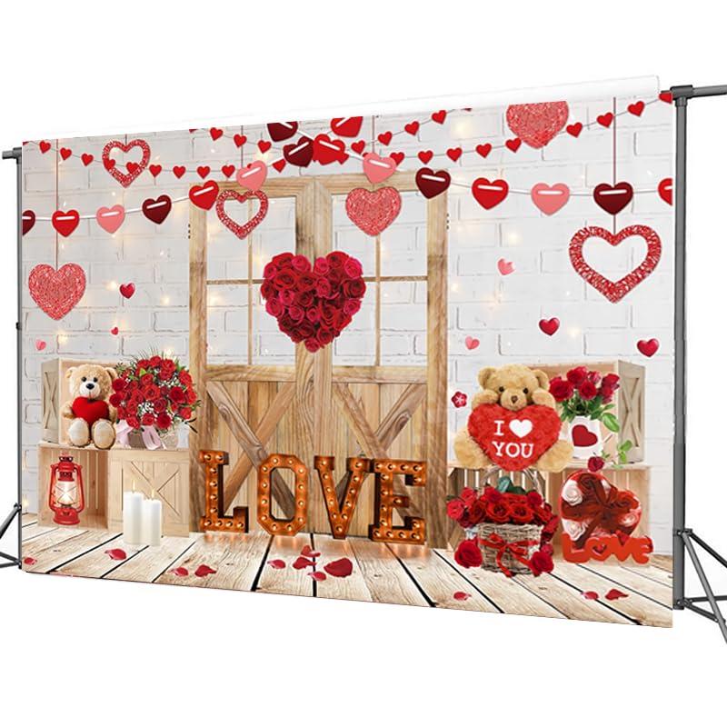 CYLYH 7x5ft Valentine's Day Backdrop Rustic Wood Door Backdrop Red Love Heart Backdrops Valentine's White Brick Wall Backdrop Mother's Day Backdrops Party Bridal Shower Kid Birthday Party Banner - Image 5