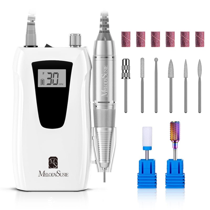 MelodySusie Professional Nail Drill 30000RPM SC320D Rechargeable Electric Nail Drill Machine Cordless Nail E File for Acrylic Gel Nails 8pcs Drill Bits 106pcs Sanding Bands Selene White