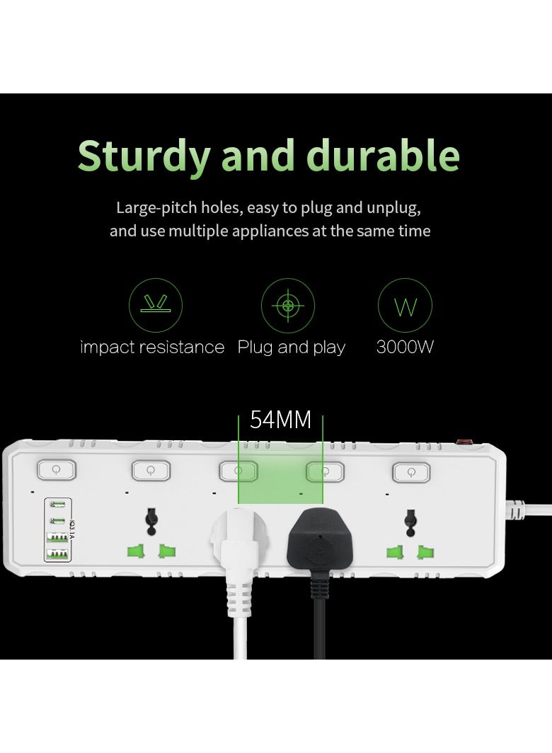 Sky View Surge Protector Power Strip-Power Socket With 4 Outlets And 2 USB、2 Type-C Ports,2M Power Cord(3000W/16A/110V-265V),PC Flame Retardant Material,Pure Copper Core，Independent Switch (White) - Image 4