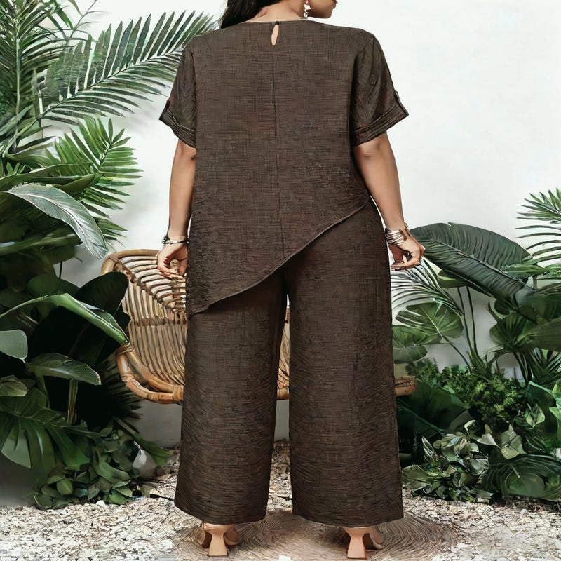Loose Round Neck Irregular Longline Top Wide Leg Pants Casual Two Piece Set - Image 5