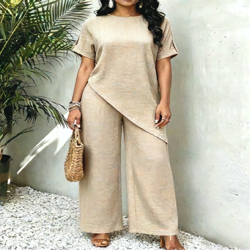 Loose Round Neck Irregular Longline Top Wide Leg Pants Casual Two Piece Set - Image 3