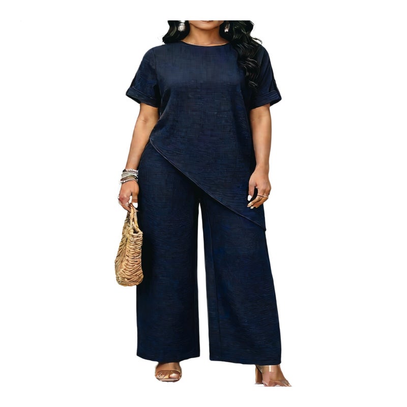 Loose Round Neck Irregular Longline Top Wide Leg Pants Casual Two Piece Set - Image 1