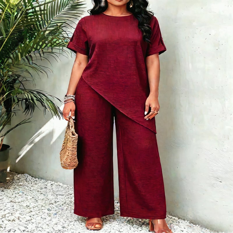 Loose Round Neck Irregular Longline Top Wide Leg Pants Casual Two Piece Set - Image 2