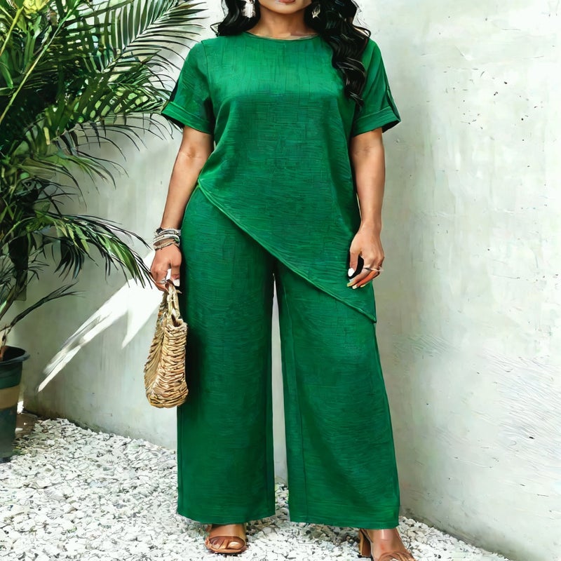 Loose Round Neck Irregular Longline Top Wide Leg Pants Casual Two Piece Set - Image 4
