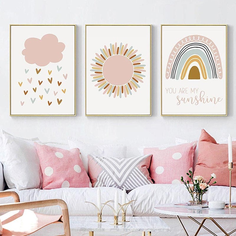 BPA BIKCZEWIN Unframed Wall Art Prints Boho Rainbow Clouds Sun Canvas Painting Room Decor for Kids Girl Home Bedroom Classroom School Nursery Decorations - Image 1