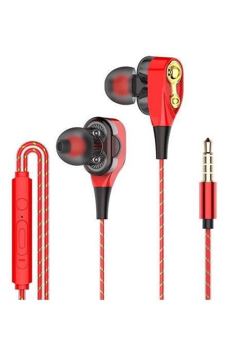 New in-ear dual dynamic sports headphones with heavy bass and wire-controlled music headphones (red)