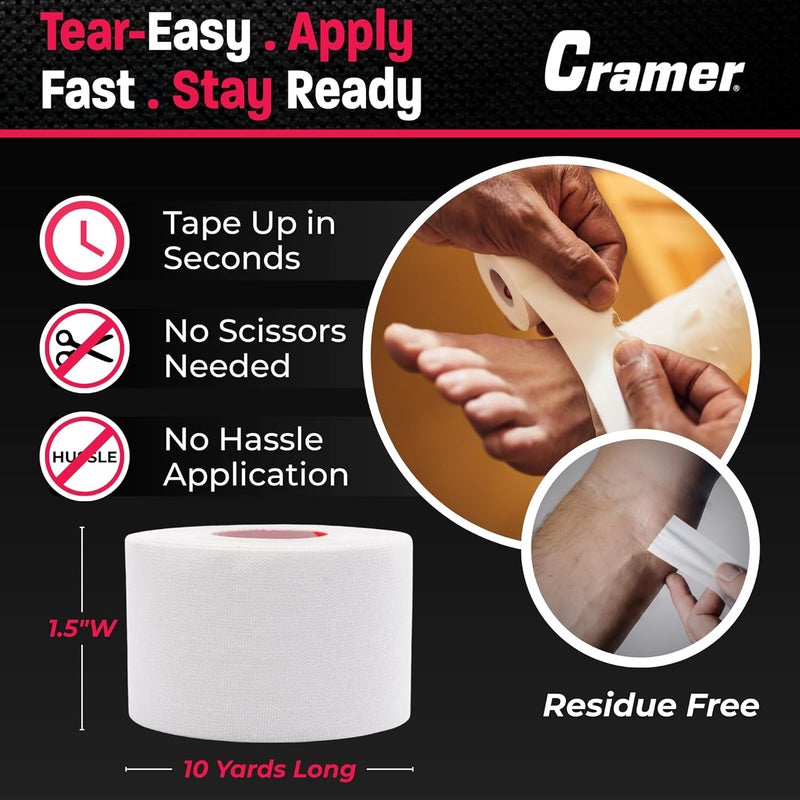 Cramer Athletic Tape 6 Pack, 1.5" x 10 Yards White, Easy Tear Sports Tape for Ankle, Wrist & Knee, Latex-Free Adhesive, Strong Support, Athletic Training Tape Roll - Image 3