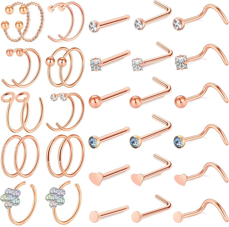 ONESING 9-40 Pcs Nose Rings - Hoops, Studs & L Shape - Hypoallergenic Stainless Steel Nose Piercings for Women & Men - Image 1