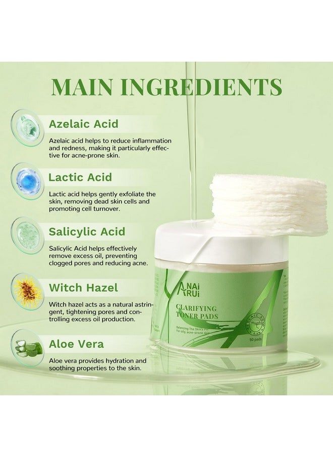 ANAI RUI - Clarifying Toner Pads For Face, With Lactic Acid, Salicylic Acid, Azelaic Acid, Facial Radiance Pads, Face Exfoliating Pad For Acne & Blemishes Clear, Balance Skin'S Ph, 50 Pads - Image 1