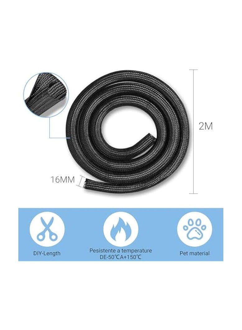 erorex Cable Sleeve 2m*16mm.Strong resilience helo it perfectly wrapfor TV, Computer Cables, Video, Pet Cable Protectors.Self Winding Braided Sleeving-Black Cable Cover-Wire Management Solutions - Image 1
