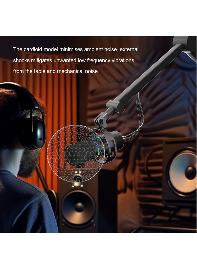 XLR/USB Dynamic Microphone Kit, RGB Podcast Mic with Mute, Gain Knob, Volume Control, Boom Arm for Streaming, Gaming, Voice-Over, Recording