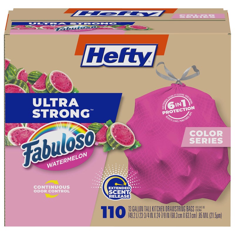 Hefty Ultra Strong 13 Gallon Trash Bags, Tall Kitchen Trash Bags 13 Gallon Size, Resist Leaks, Punctures, and Rips, Continuous Odor Control, Pink, Fabuloso Watermelon Scent, 110 Bags - Image 1