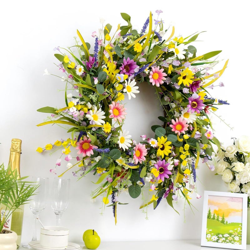 Yawwind 28 Inches Large Spring Wreaths for Front Door Spring Flower Wreaths Summer Door Wreath Colorful Wildflower Wreath with Daisy Lavender for Window Indoors Outdoor Decor - Image 3