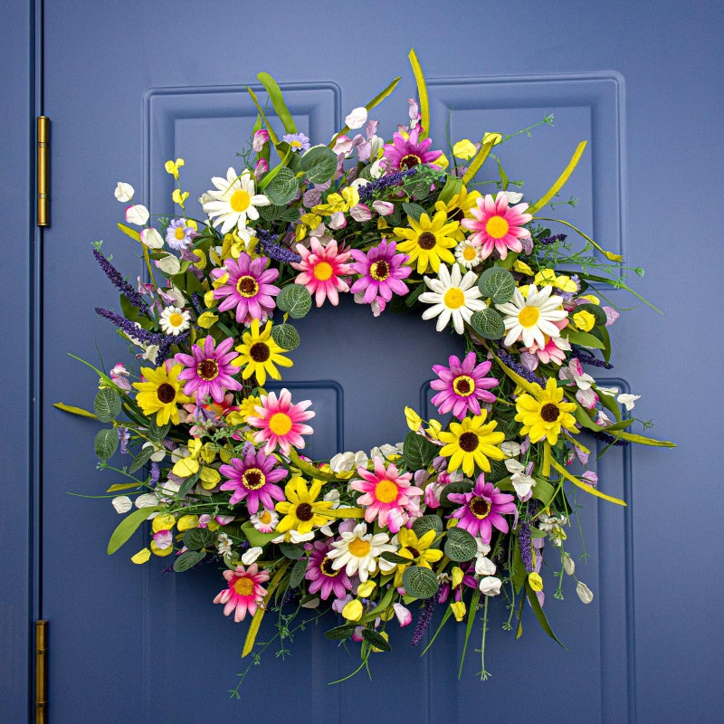 Yawwind 28 Inches Large Spring Wreaths for Front Door Spring Flower Wreaths Summer Door Wreath Colorful Wildflower Wreath with Daisy Lavender for Window Indoors Outdoor Decor - Image 4