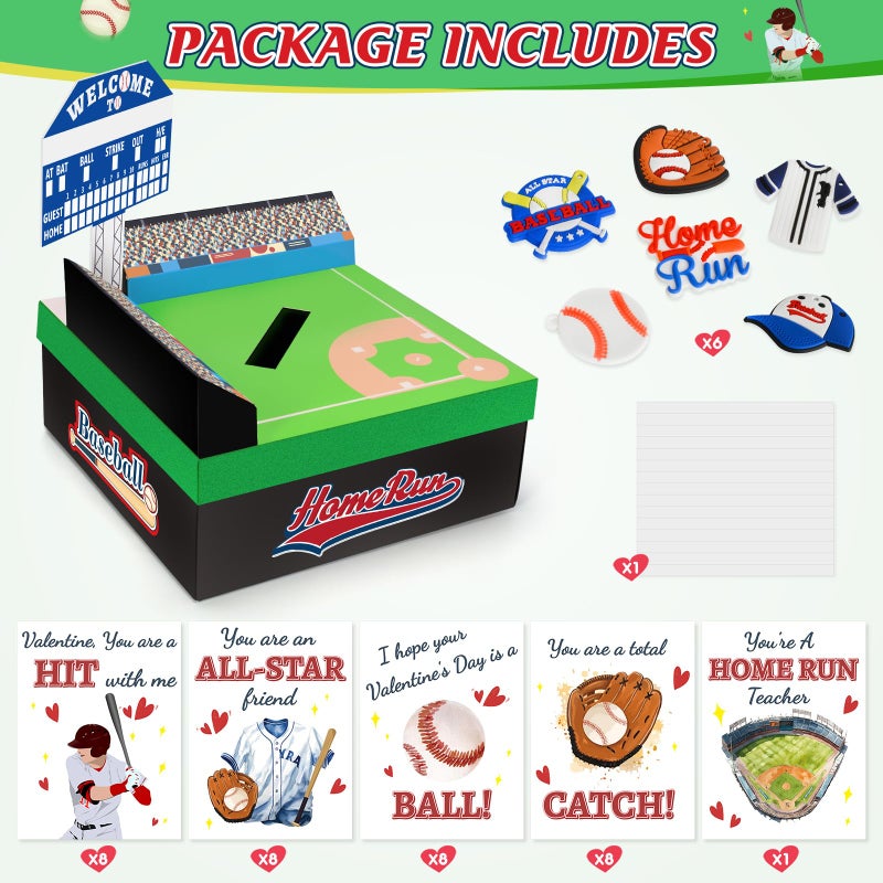 TooyBing Boys Baseball Valentines Day Boxes and Cards for Kids School, 33 Pack Valentines Day Gifts for Kids Classroom for Class Exchange Party Favor (1 Baseball Field Box, 32 Valentine Cards, 1 Teacher Card) - Image 2