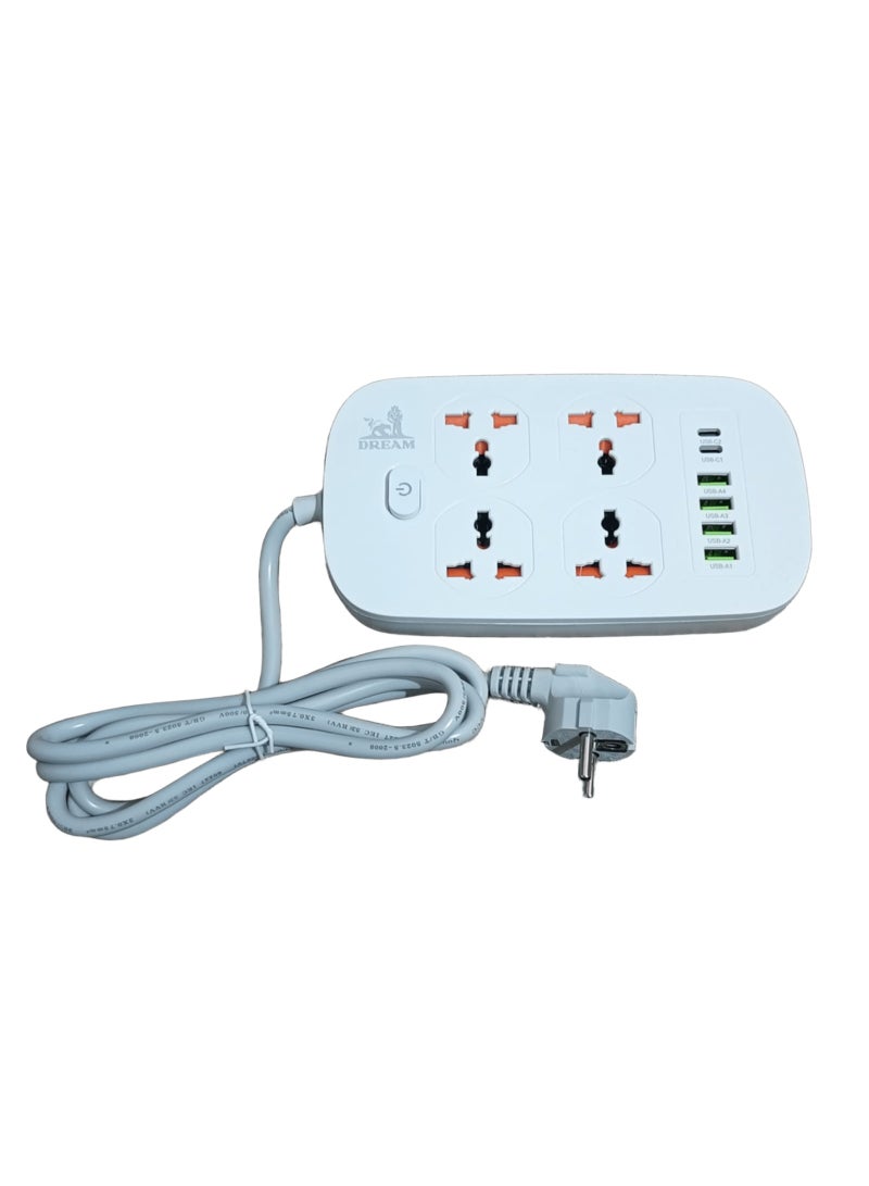 مشترك كهرباء بقدرة 2500 وات، مزود بـ 4 مخارج كهربائية و4 منافذ USB بالإضافة إلى منفذين USB-C PD للشحن السريع بقدرة 20W. يتميز بحماية ضد الحرائق حتى 850 درجة، وحماية للأطفال، ومواد عالية الجودة مقاومة للحرارة. مناسب لجميع الأجهزة الإلكترونية - Image 1