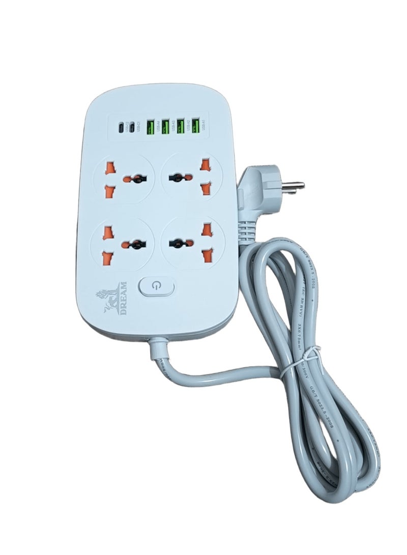 مشترك كهرباء بقدرة 2500 وات، مزود بـ 4 مخارج كهربائية و4 منافذ USB بالإضافة إلى منفذين USB-C PD للشحن السريع بقدرة 20W. يتميز بحماية ضد الحرائق حتى 850 درجة، وحماية للأطفال، ومواد عالية الجودة مقاومة للحرارة. مناسب لجميع الأجهزة الإلكترونية - Image 2