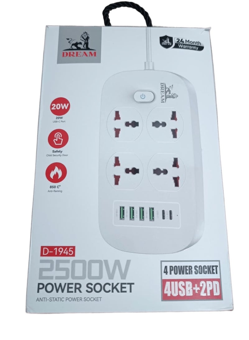 مشترك كهرباء بقدرة 2500 وات، مزود بـ 4 مخارج كهربائية و4 منافذ USB بالإضافة إلى منفذين USB-C PD للشحن السريع بقدرة 20W. يتميز بحماية ضد الحرائق حتى 850 درجة، وحماية للأطفال، ومواد عالية الجودة مقاومة للحرارة. مناسب لجميع الأجهزة الإلكترونية - Image 3
