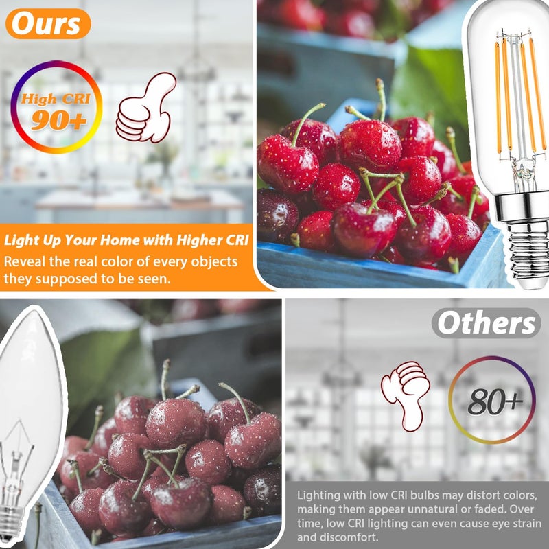 Brightever مصابيح إيديسون E12 كندلبرة بقدرة 60 واط مكافئة، مصابيح LED قابلة للتعتيم T6 6W للإضاءة، 600lm 2700K أبيض دافئ شفاف مصباح أنبوبي قديم، مصباح خيوط صغير للإضاءة السقفية، عبوة 12 قطعة - Image 4