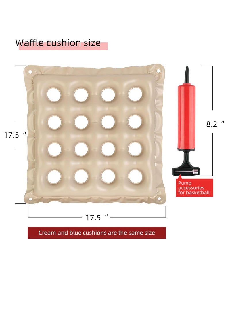 XiuWoo 2 Pack Waffle Cushion ,Inflatable Air Cushion with Pump, Pressure Sore Relief, Cream and Blue, 17x17 Inch  - Image 3