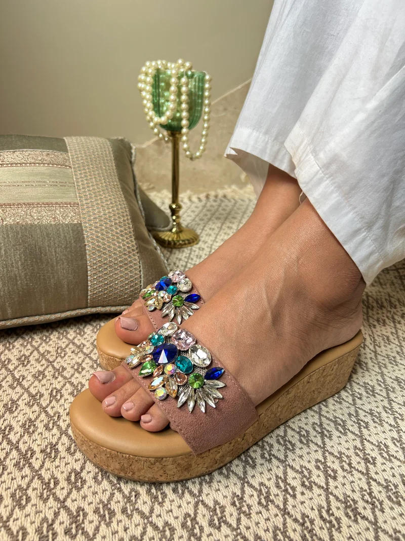 Sandal Stories Embellished Beige Wedges for Women